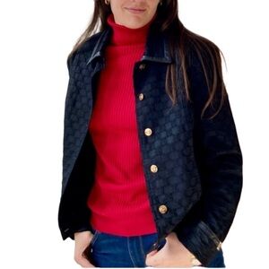 St. John Black Insignia Damask Denim Jacket With Gold Buttons Size Small EUC